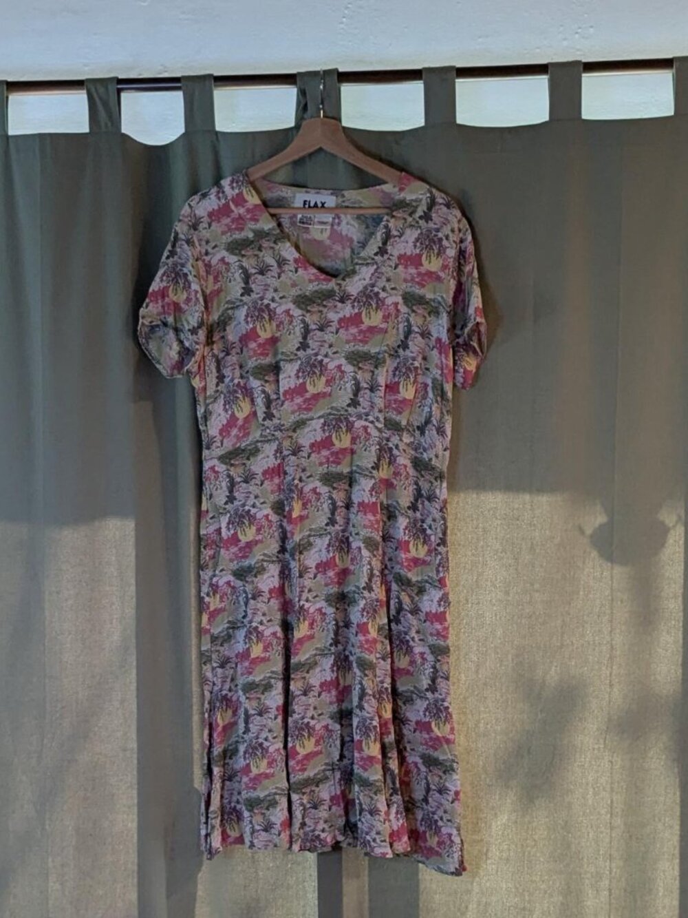 Flax Tropical Painterly Print Rayon Dress Pink Green Small